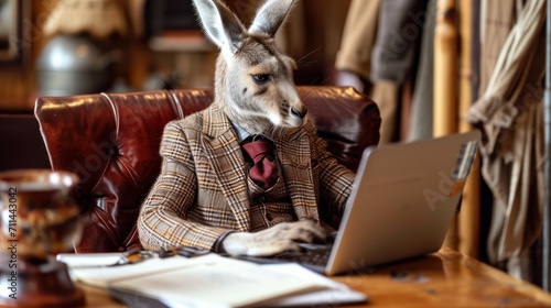 a kangaroo in a medical suit sits in a leather chair and works on a laptop