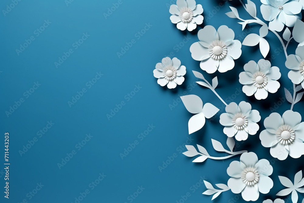 Paper cut flowers and leaves, Fresh spring nature background. Floral banner, poster, flyer template with copy space. Paper cut flowers and leaves, Fresh spring nature background. Floral banner, poster, flyer template with copy space.