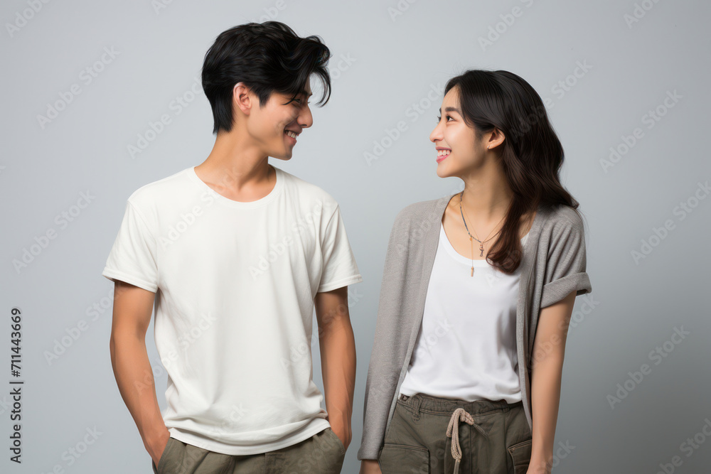 Embracing Love: A Young Asian Couple, Happy and Relaxed, Standing Together, Hand in Hand, in a Casual Studio Portrait Embracing Love: A Young Asian Couple, Happy and Relaxed, Standing Together, Hand in Hand, in a Casual Studio Portrait