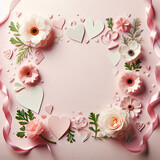 Photo top view with flowers and hearts on a pink background, Al Generation