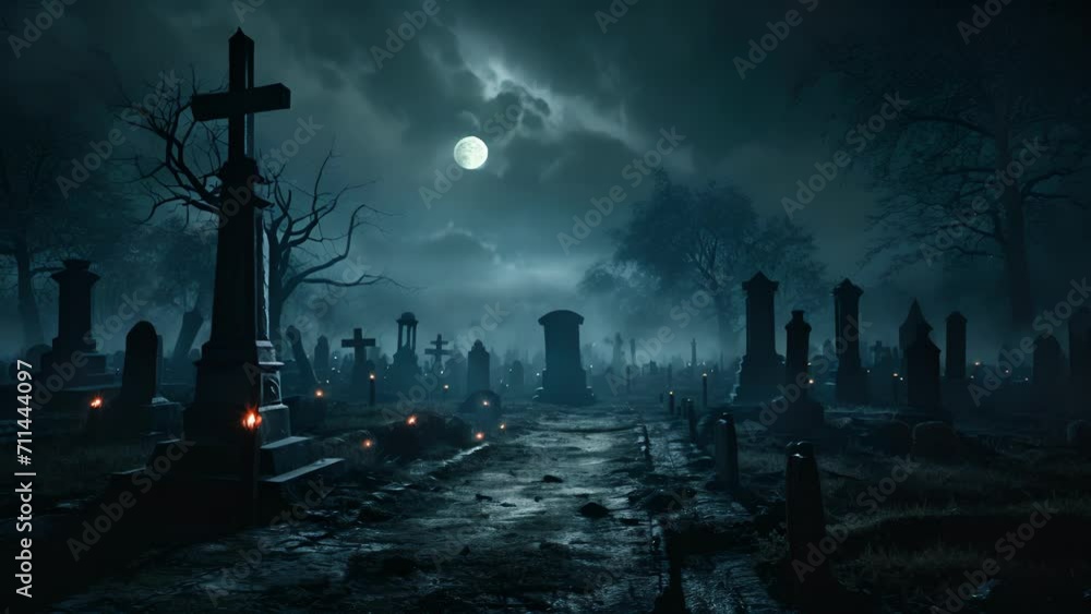 An eerie scene of a graveyard with a full moon illuminating the tombstones. An eerie scene of a graveyard with a full moon illuminating the tombstones.