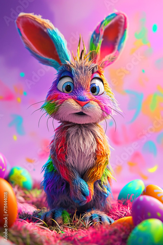 Colorful Cartoon Rabbit with Expressive Face and easter eggs, Cute and Whimsical Easter Bunny vertical card © Kseniya
