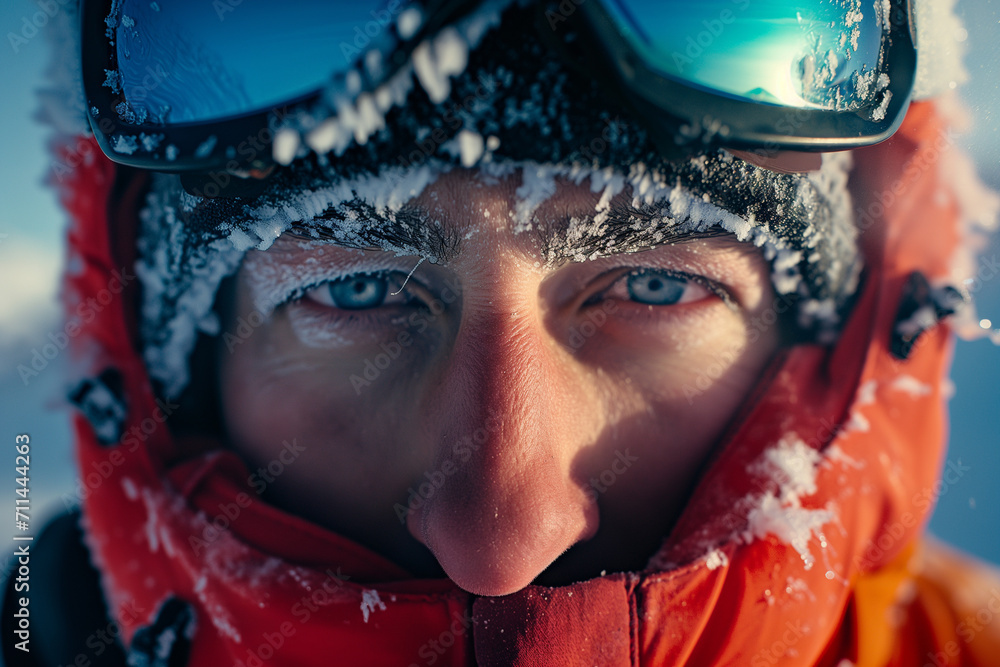 Intense Gaze of a Winter Explorer: Close-up on Frosted Eyelashes and Ski Goggles - Ideal for Extreme Cold Weather Gear Promotions