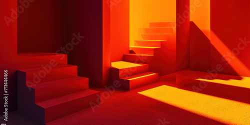 Abstract Geometric Staircase  Minimalistic Design in Red and Black  Empty White Room with Neon Lights