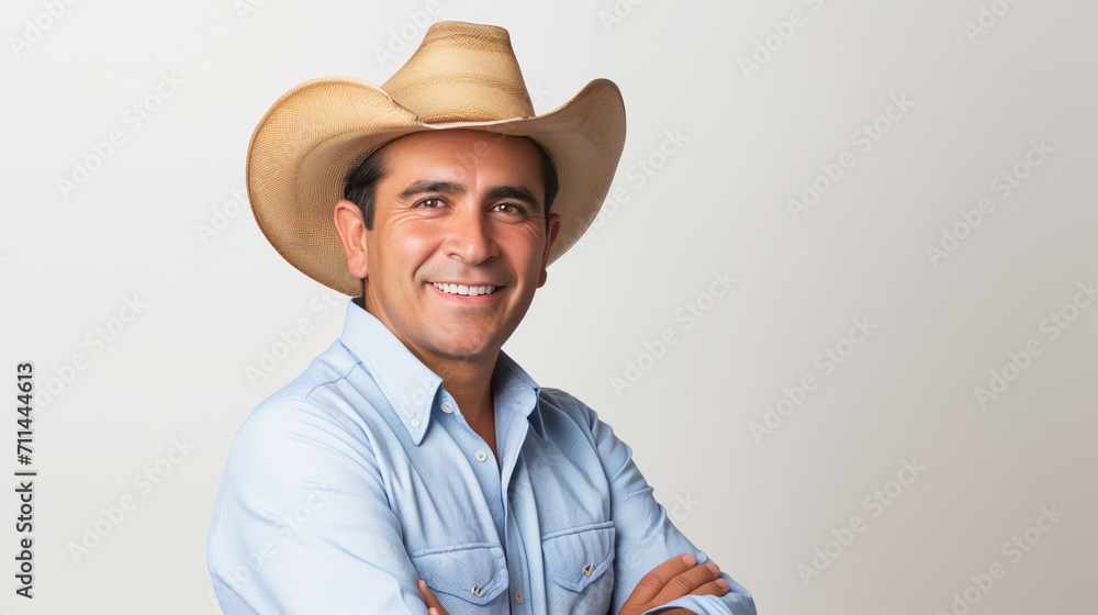 confident male cattle farmer, latino ethnicity, white background, proud, lanscape portrait confident male cattle farmer, latino ethnicity, white background, proud, lanscape portrait
