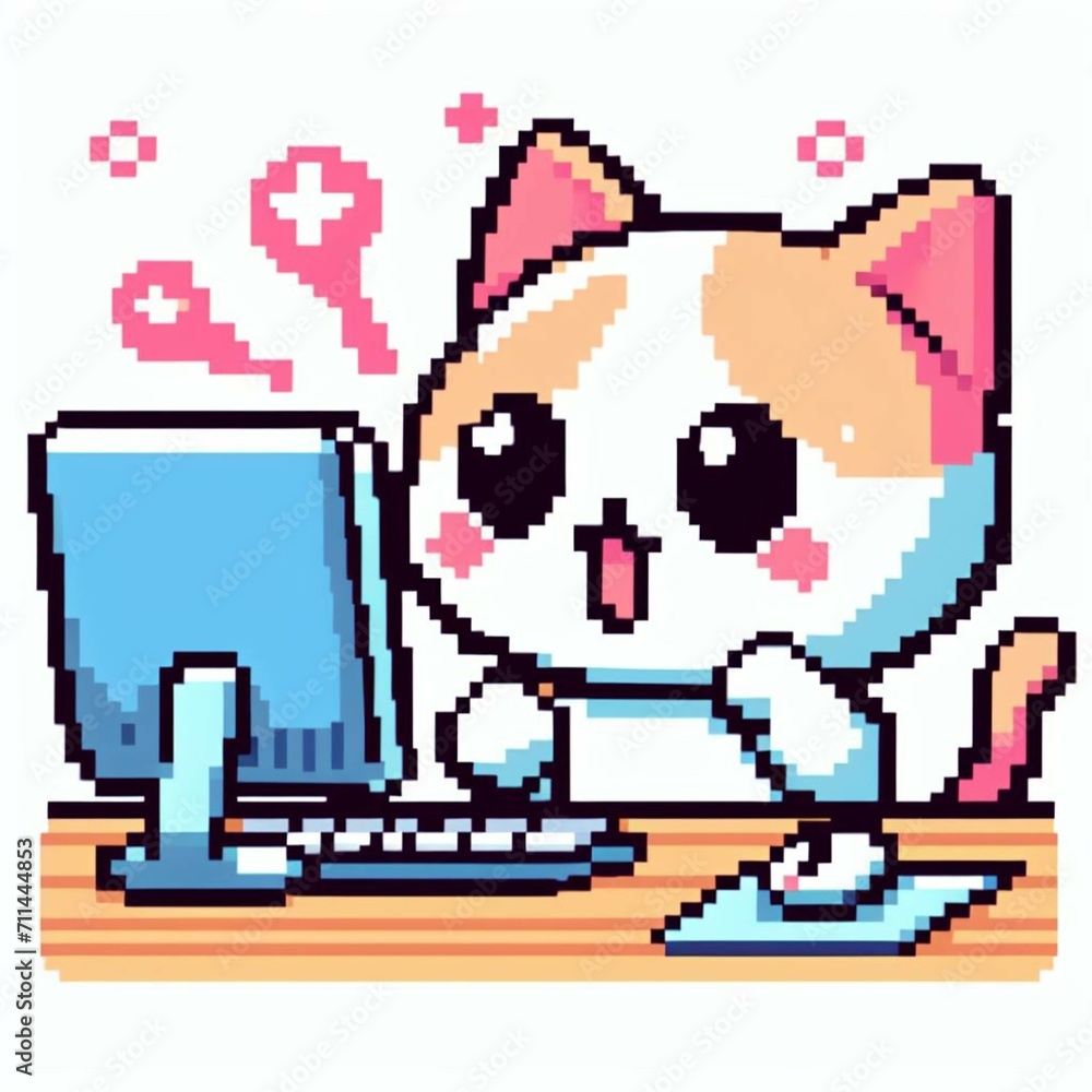 cat icon writing on a computer with a surprised expression on a white background, pixel art.
