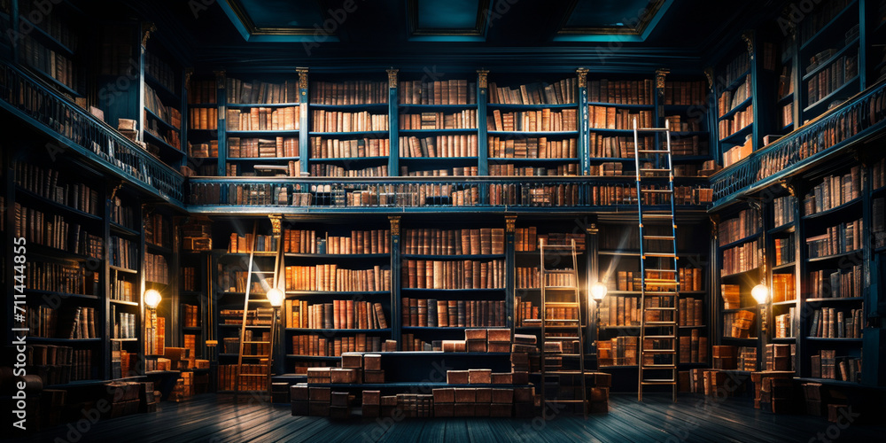 Rows of books on shelves in a library. Developing Bookshelf with books in the library. Selective focus's wisdom and knowledge in old library bookshelves  artificial intelligence.