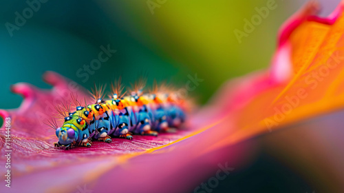 A colorful caterpillar on a vibrant leaf. photo