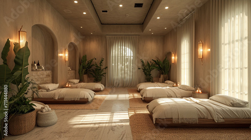 A serene spa salon oasis with dimmed lighting, featuring plush massage tables adorned with soft linens and surrounded by decorative candles, creating a tranquil and inviting atmosp