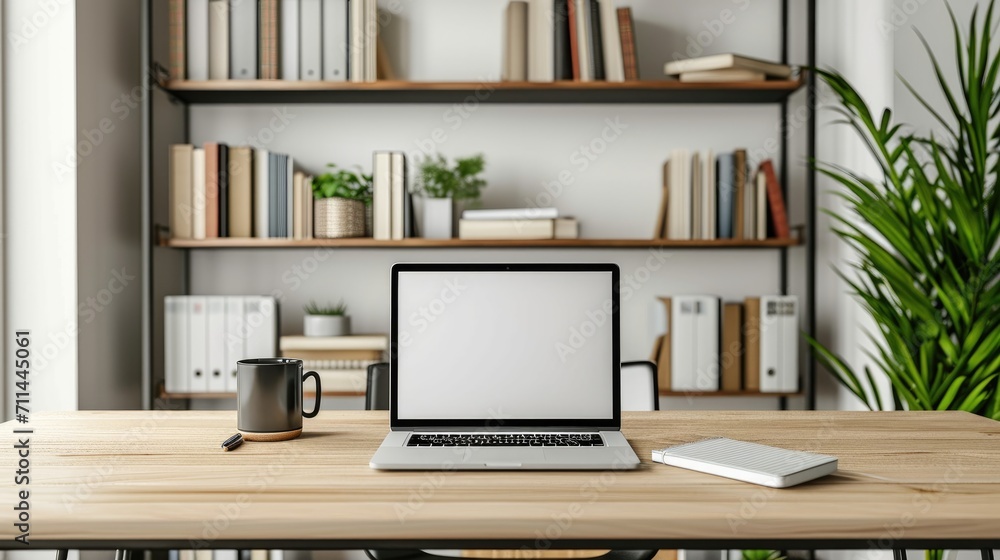 A modern home office setup featuring a laptop with a blank screen on a wooden desk, flanked by shelves with books and a potted plant, evoking a serene workspace A modern home office setup featuring a laptop with a blank screen on a wooden desk, flanked by shelves with books and a potted plant, evoking a serene workspace