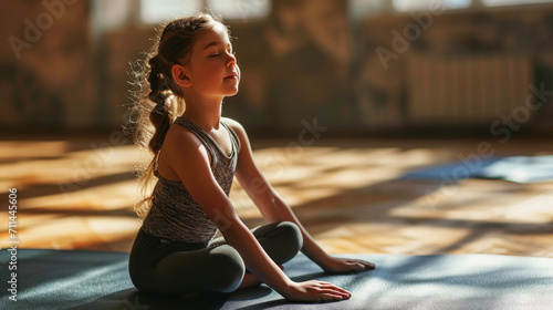 Close up of cute small girl doing yoga. Sport, relax and meditation concept. Healthy childhood. Generative AI photo