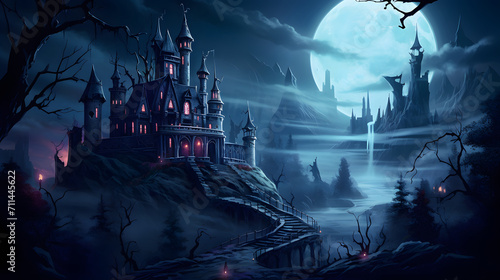 illustration of horror majestic castle in black fog at night