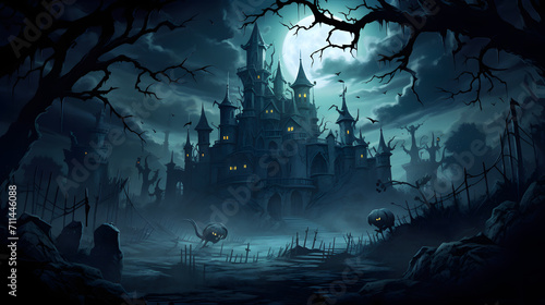 illustration of horror majestic castle in black fog at night
