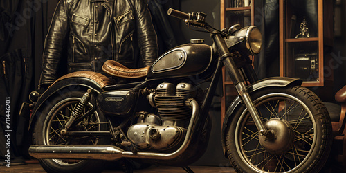 Vintage Motorcycle Rustic Barn wearing helmet riding Bike Professional Track wooden background