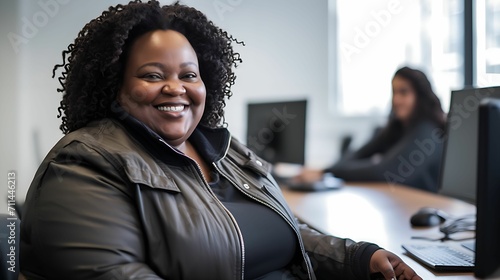 Dark skinned plus-size, overweight beautiful large female businesswoman using laptop at desk in modern office photo