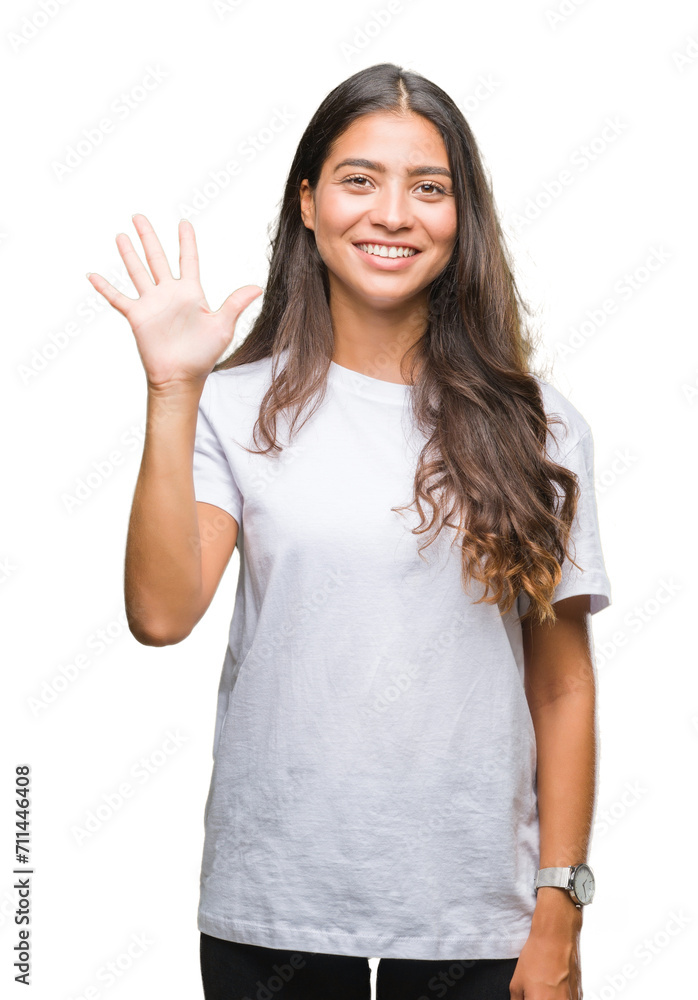 Young beautiful arab woman over isolated background showing and pointing up with fingers number five while smiling confident and happy. Young beautiful arab woman over isolated background showing and pointing up with fingers number five while smiling confident and happy.