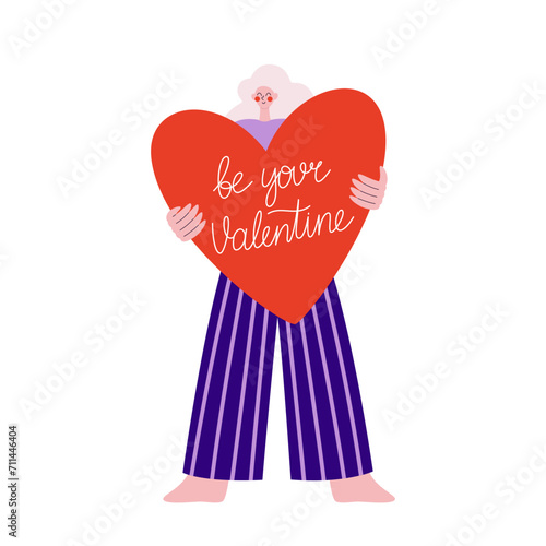 Women's mental health. Self love and self acceptance. Mental health concept. Happy woman with a heart in her hands. St Valentine Day celebration	