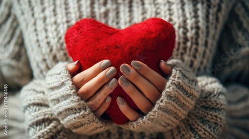 Female hands holding a red plush heart on the background of a knitted sweater. Valentine's Day Concept