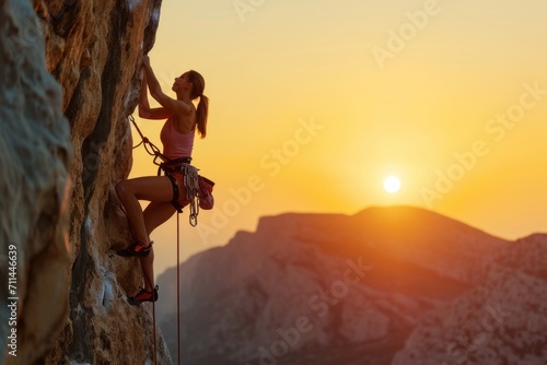 Young woman climbing a rock against the backdrop of a beautiful sunset landscape. AI generative