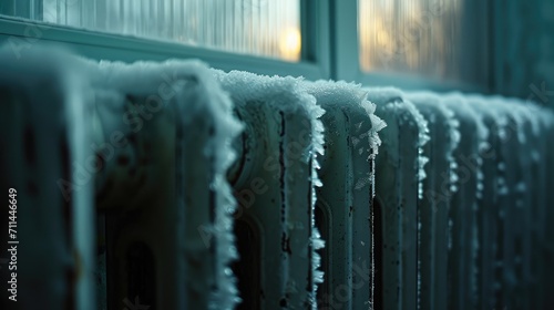 Closeup of a radiator covered with snow in a cold winter day