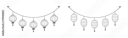 Chinese Lantern Hanging Garland Outline Doodle Set, Chinese New Year, Lunar New Year and Mid-Autumn Festival Decoration Graphic. Coloring book page for kids.