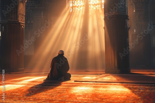 Muslim man praying in mosque with Islamic concept photo. photo