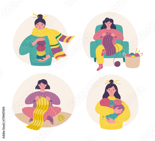 Knitting hobby. Happy young women knitting or with knitting hobby accessories. Vector flat style illustration of handmade hobby
