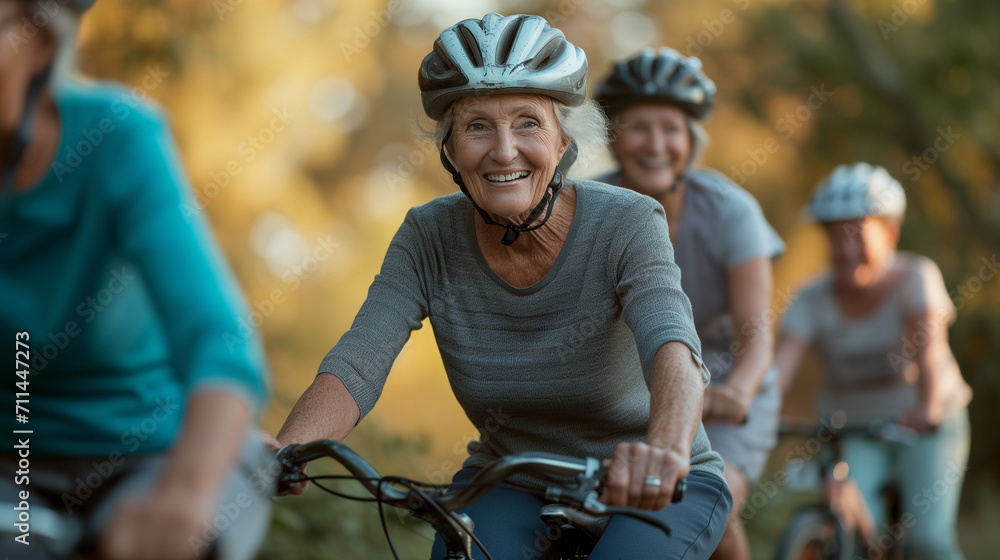 Energetic senior woman with a helmet joyfully leading a group bike ride in a park on a sunny autumn day.