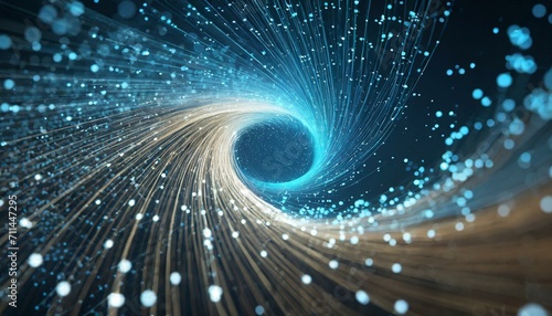 abstract blue tunnel, reaching inside spinning vortex of light particles in big data and artificial intelligence concept