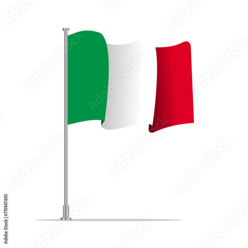 Vector 3d realistic flags of Italy on steel poles isolated on white background. National symbol of Italy illustration. Italy Flag on flag pole isolated on white background.