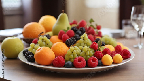 All Kinds Of Fruit in Plate on Dining Table . Grapes, Orange, strawberry, raspberry, blueberry, pear.