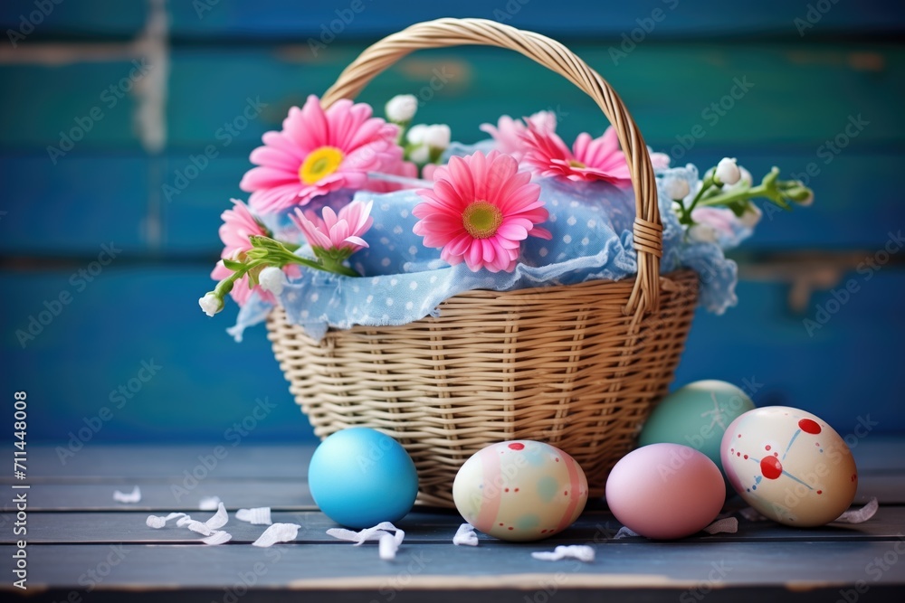 wicker basket with blue and pink eggs, fresh daisies aside