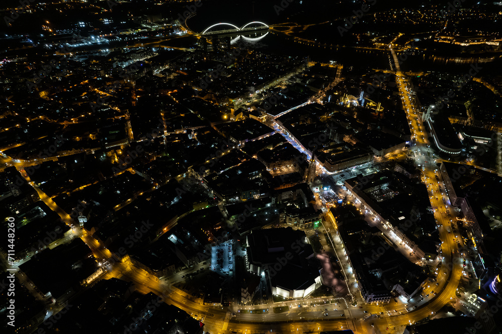 Aerial Beautiful City at Night Novi Sad, for the new year. High quality photo