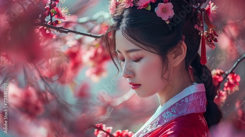Beautiful Asian woman with cherry blossom trees