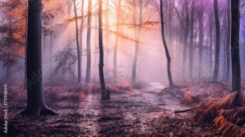 Mysterious foggy forest. Magical atmosphere background.