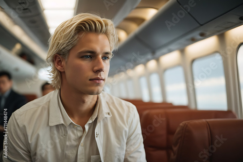 Man With Blonde Hair Sitting on Train. Generative AI.