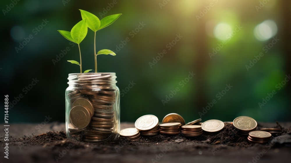 Plant growing out of coins. ESG investment. - obrazy, fototapety, plakaty 