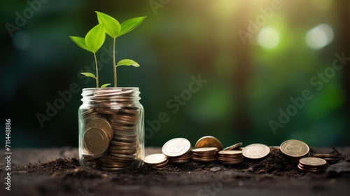 Plant growing out of coins. ESG investment. #711448886