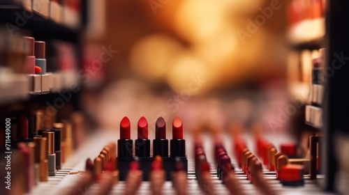 Cosmetic lipsticks on a table. Beauty background.