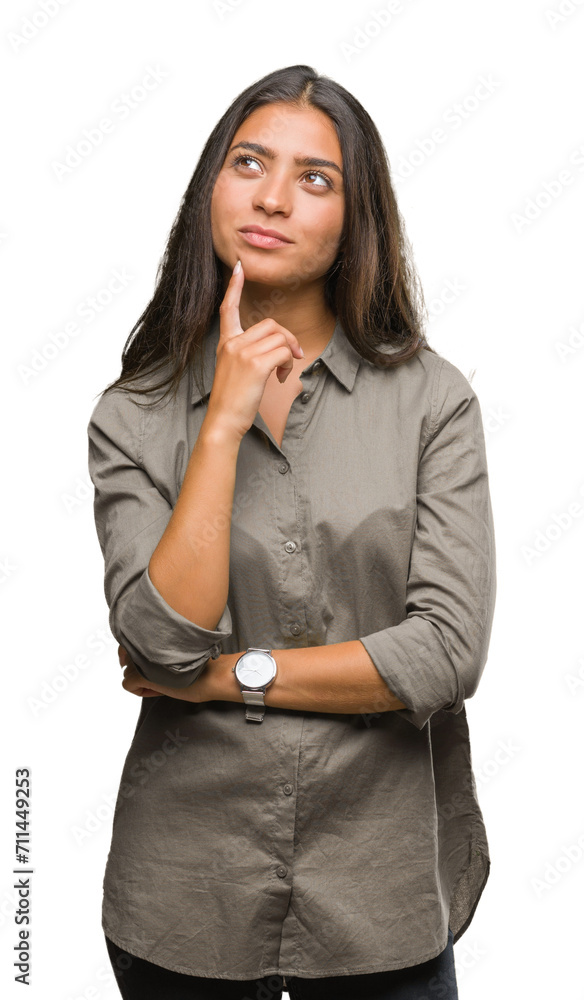 Young beautiful arab woman over isolated background with hand on chin thinking about question, pensive expression. Smiling with thoughtful face. Doubt concept. Young beautiful arab woman over isolated background with hand on chin thinking about question, pensive expression. Smiling with thoughtful face. Doubt concept.