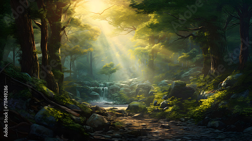 background illustration in the middle of the forest at sunrise