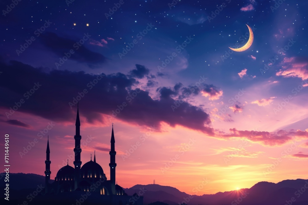Islamic mosques at dusk with crescent moon Ramadan and Eid celebrations Islamic mosques at dusk with crescent moon Ramadan and Eid celebrations