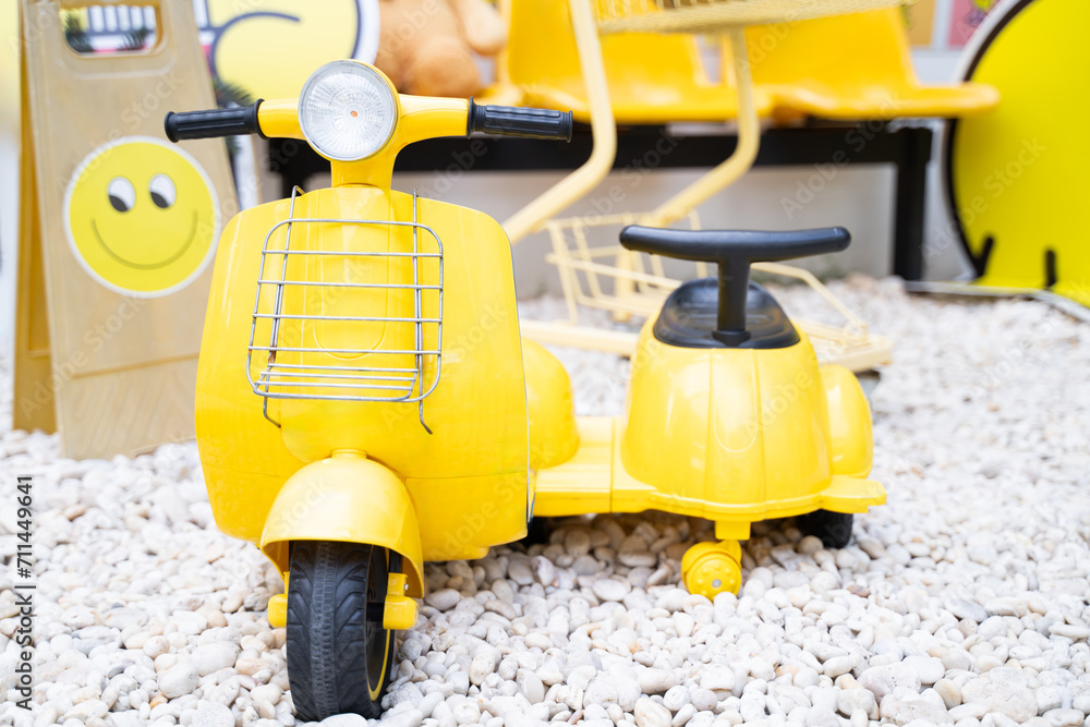 Classic yellow motorcycle, vintage, modern style for decorating coffee shops and restaurants, chic photo corners