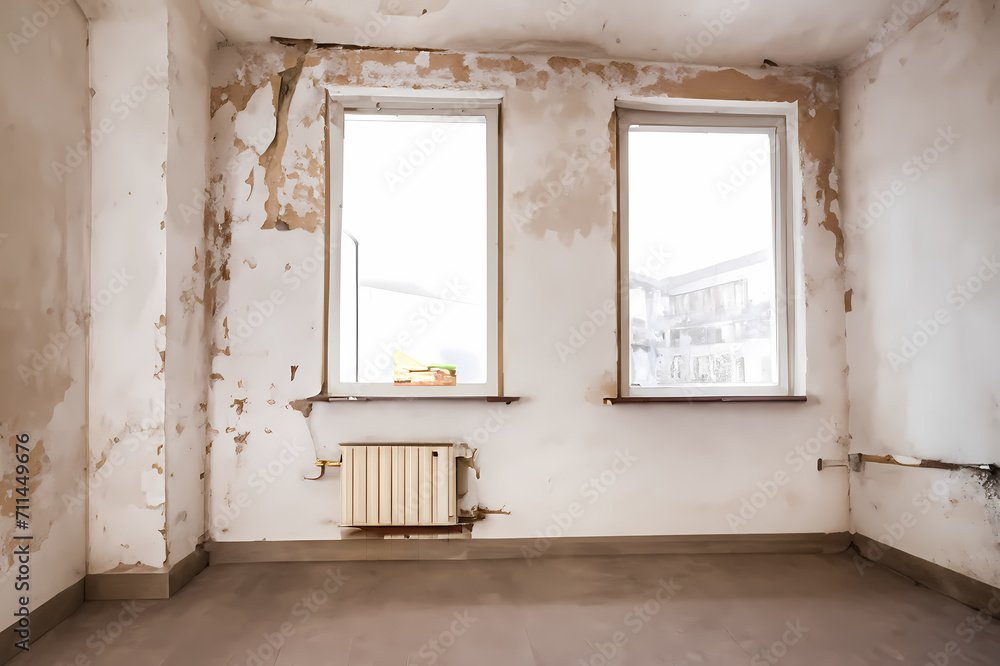 Renovierungsbedürftiger, verrfallener Raum mit zwei Fenstern 