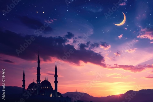 Islamic mosques at dusk with crescent moon Ramadan and Eid celebrations