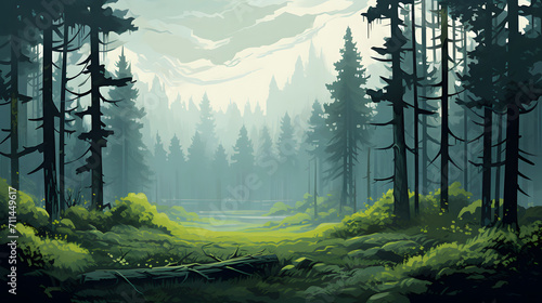 background illustration in the middle of the forest with fog in the morning