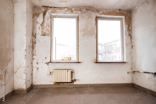 Renovierungsbedürftiger, verrfallener Raum mit zwei Fenstern  photo