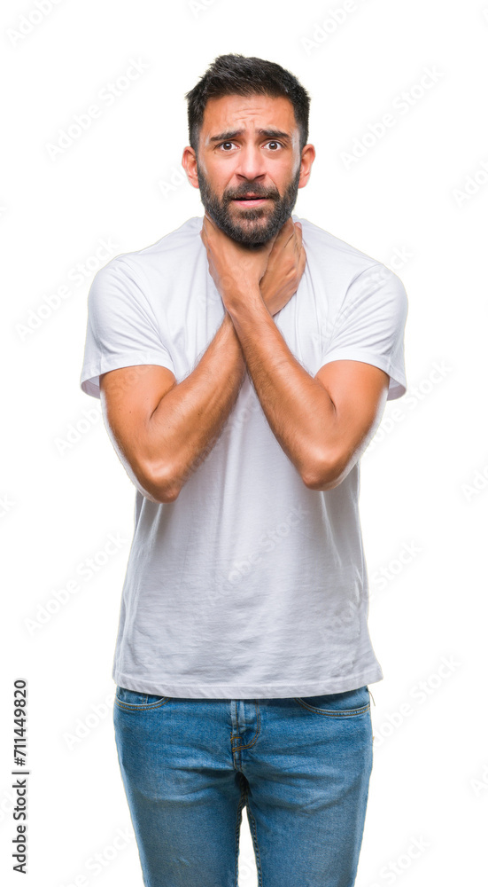 Adult hispanic man over isolated background shouting and suffocate because painful strangle. Health problem. Asphyxiate and suicide concept. Adult hispanic man over isolated background shouting and suffocate because painful strangle. Health problem. Asphyxiate and suicide concept.
