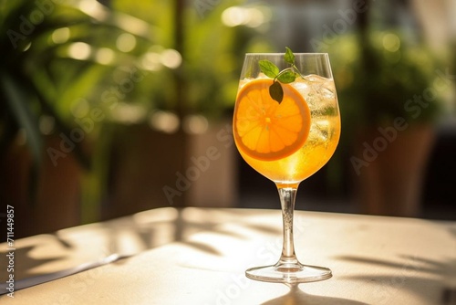 Refreshing wine spritzer with orange cocktail on outdoor table. Generative AI