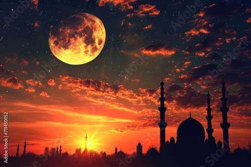 Mosque sunset sky moon holy night islamic night and silhouette mosque islamic wallpaper